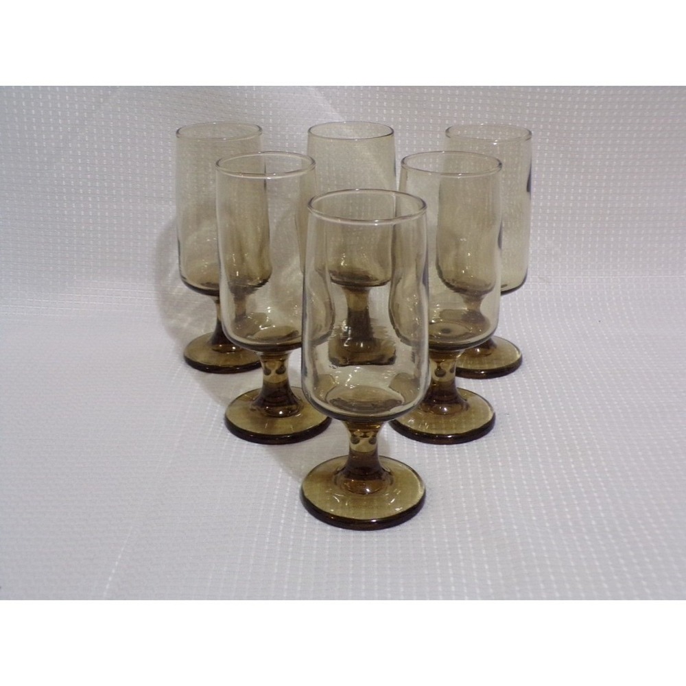 Libbey Tawny Accent Smoke Brown 4 oz Wine Stemmed Glasses 1970s Set of 6 Vintage